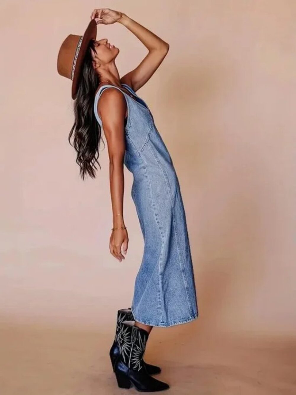 V-Neck Side Zip Denim Dress - Picture 4 of 5